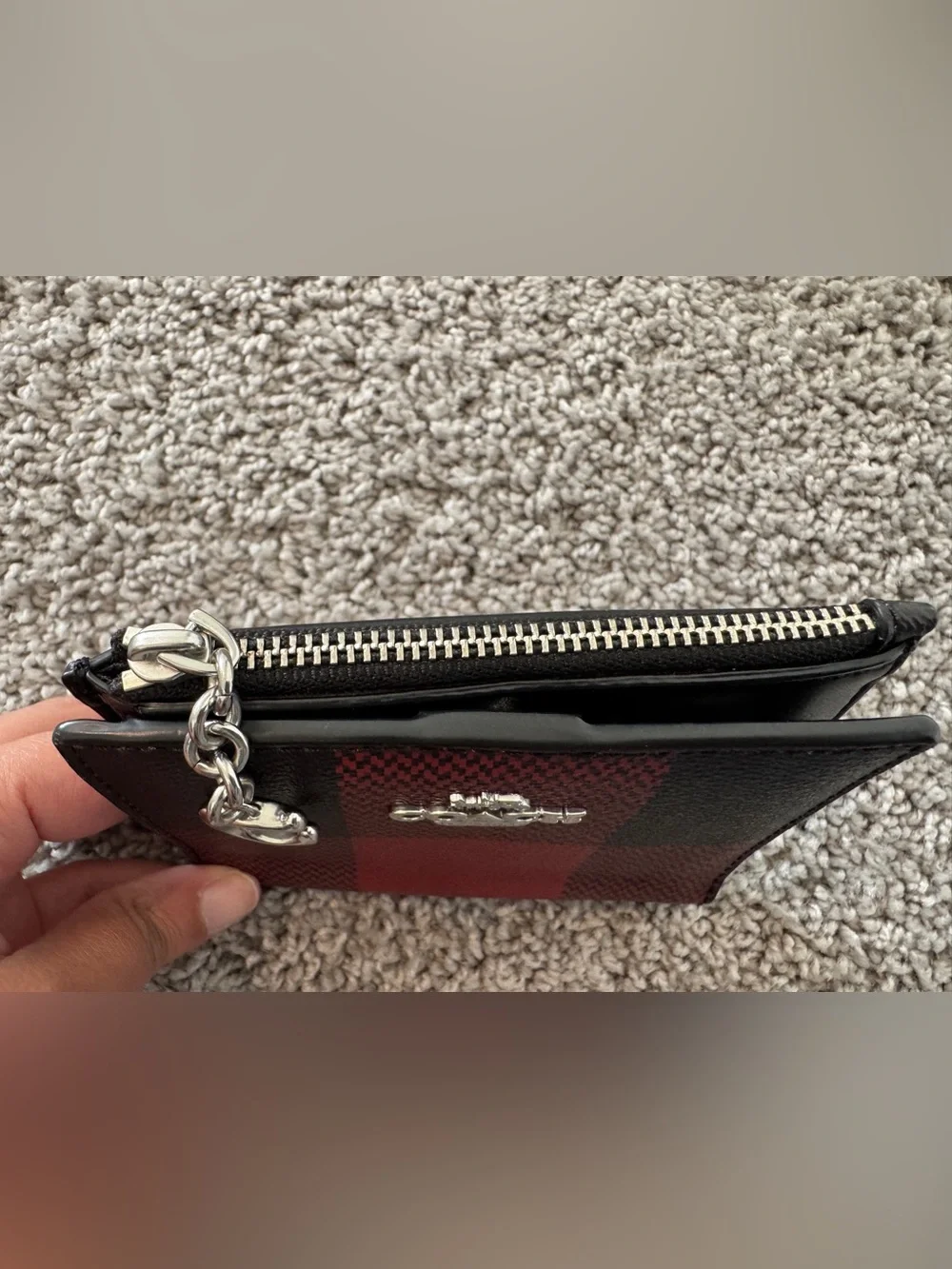 COACH Red and Black Plaid Bifold snap Leather Zip wallet